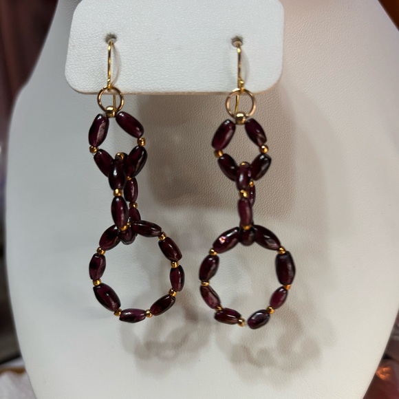 Elegant Hand Crafted Genuine Garnet Rice Beaded Earrings 3 inches - Picture 1 of 4